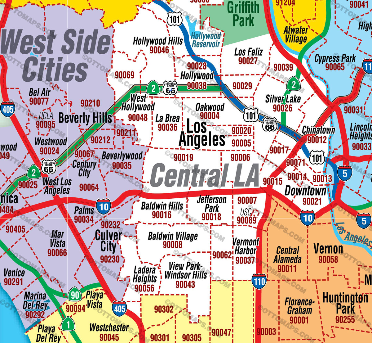 Los Angeles Zip Code Map Full County Areas Colorized Otto Maps