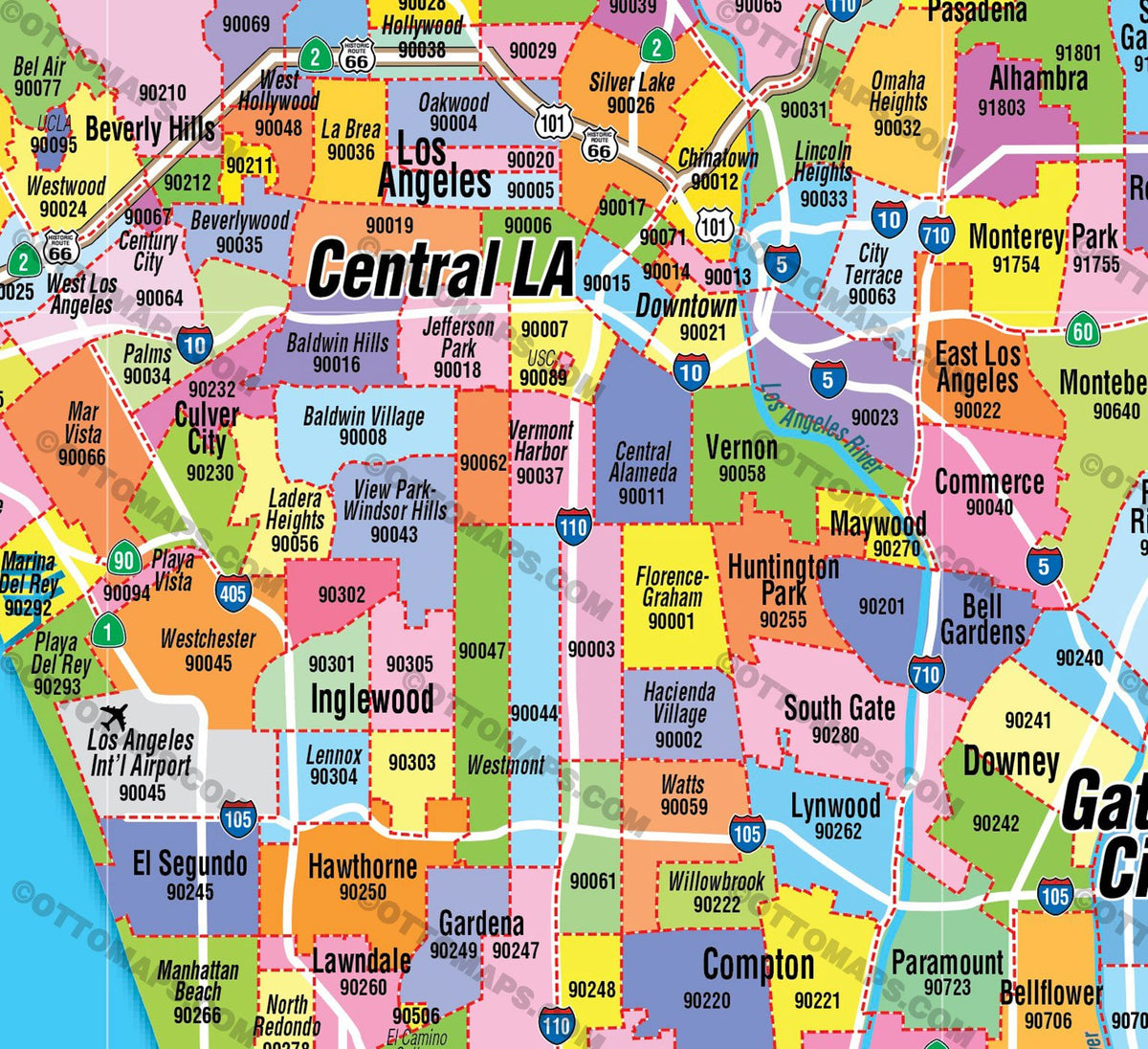 Los Angeles Zip Code Map - FULL (Zip Codes colorized) – Otto Maps
