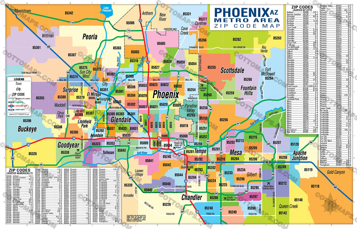 Phoenix Metro Area Zip Code Map (Zip Codes colorized) Otto Maps