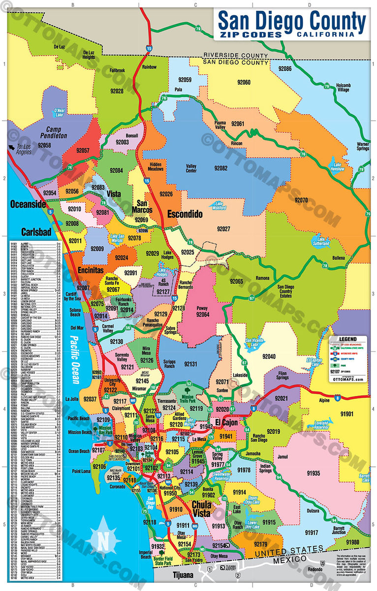 San Diego County Zip Code Map Coastal Zip Codes Colorized Otto Maps