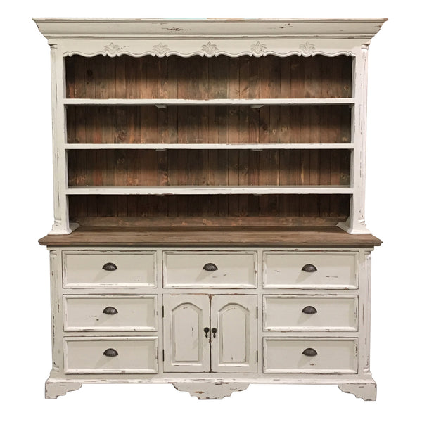 Farmhouse Buffet And Hutch White Distressed With Natural Accents