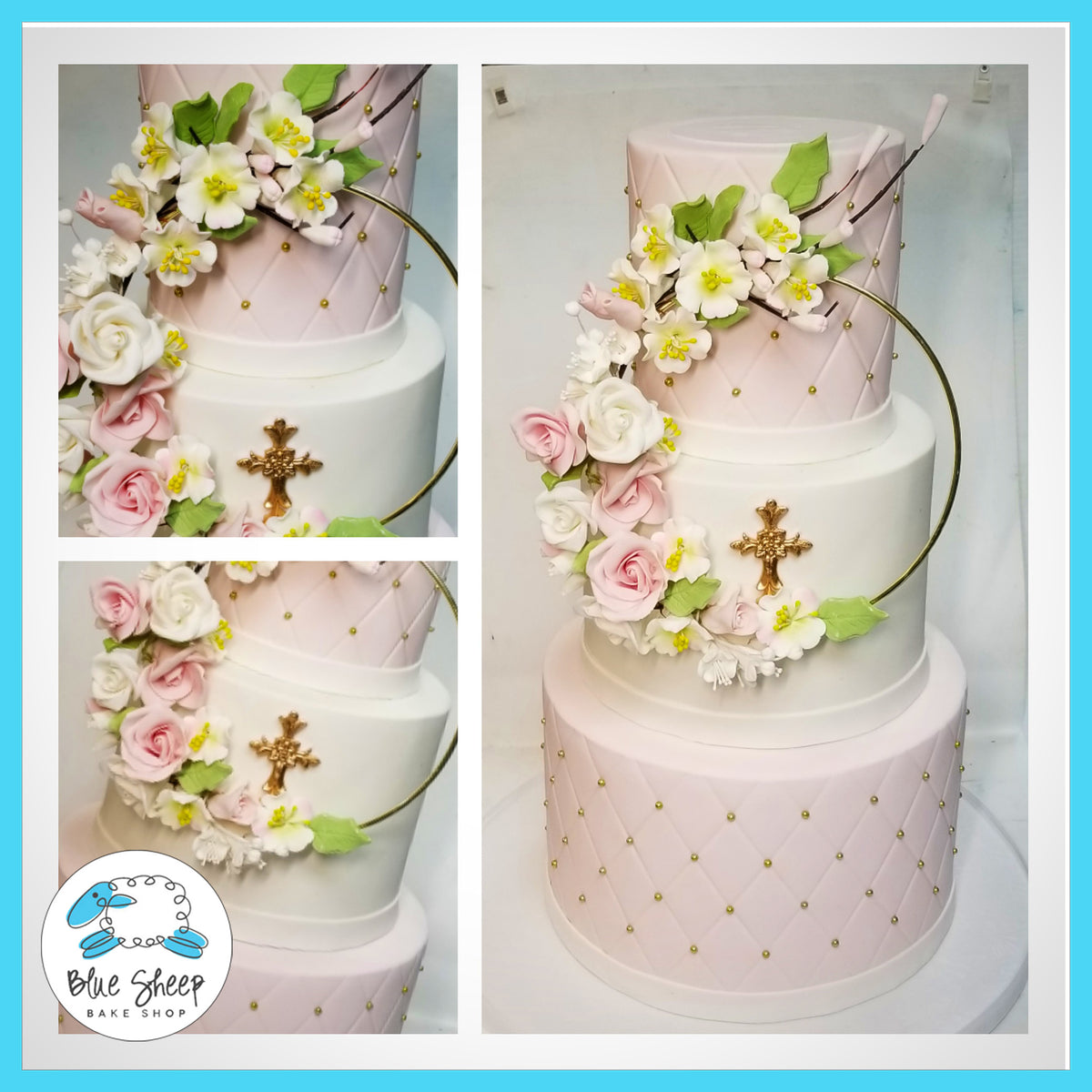 Blush And Gold Christening Cake With Sugar Floral Wreath Blue Sheep Bake Shop