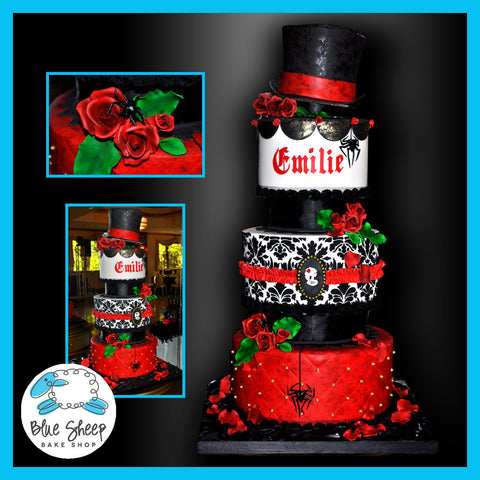 gothic romance tiered wedding cake with damask velvet skeleton cameo rop hat red sugar roses spiders