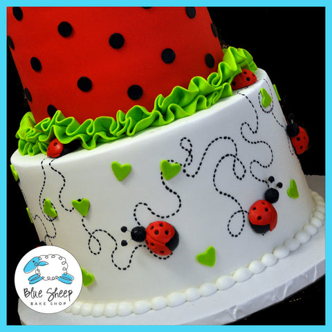 Ladybug Birthday Cake on White With Lime Hearts And A Pretty Little Lady Bug Front And Center