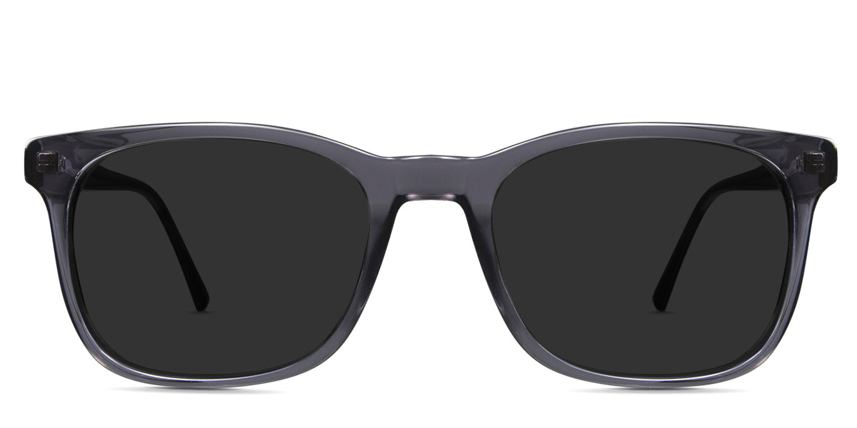 Dex black tinted sunglasses in sooty variant - it's a square full-rimmed frame with a skinny temple.