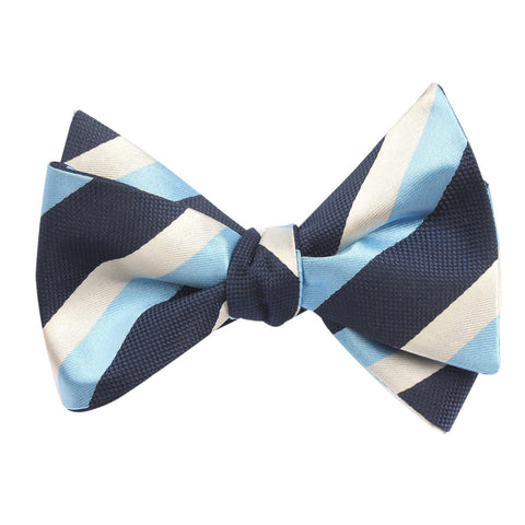 blue and white striped bow tie, tied view