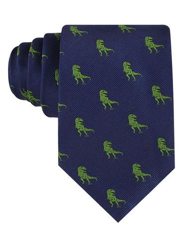 navy neck tie with green t-rex dinosaurs