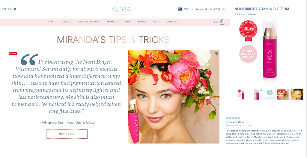 Kora Organics Product, Reviews pages