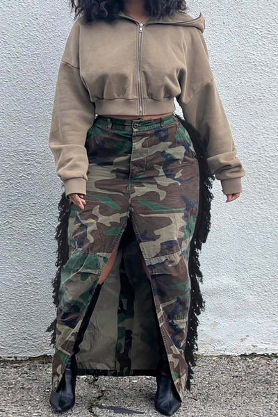 Camouflage Washed Tassel Slit Skirt MALSOOA