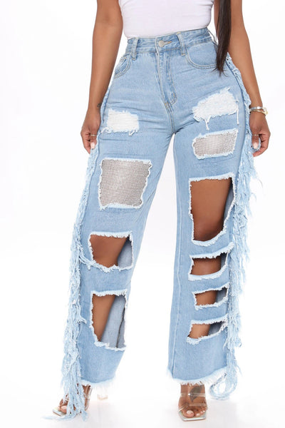 Rhinestone Baggy Wide Leg Denim Patchwork Fringe Jeans MALSOOA