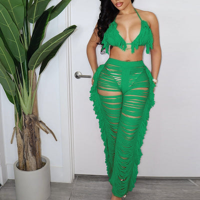 (New)Knitted Hollow out see-through Fringe Two Piece Set MALSOOA