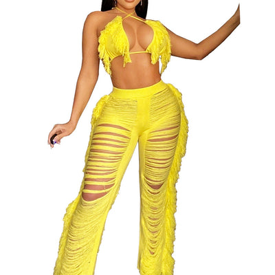 (New)Knitted Hollow out see-through Fringe Two Piece Set MALSOOA