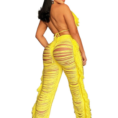 (New)Knitted Hollow out see-through Fringe Two Piece Set MALSOOA