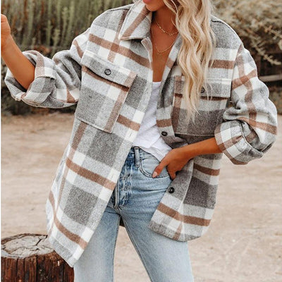 Plaid Lapel Flannel Lapel Button Blouse Shirt MALSOOA