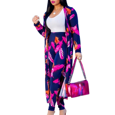 Print Long Sleeve Cardigan High Waisted Long Pants Set MALSOOA