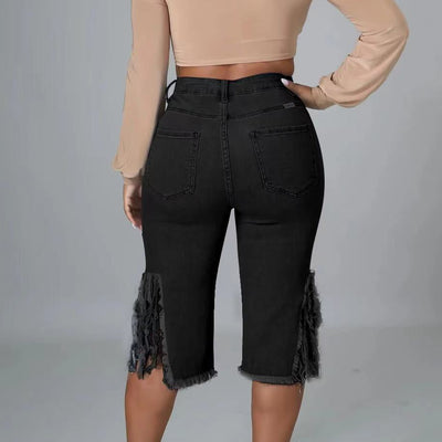 Casual Solid Tassel Ripped High Waist Jeans MALSOOA