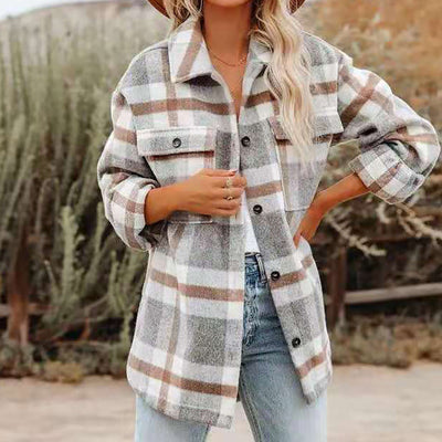 Plaid Lapel Flannel Lapel Button Blouse Shirt MALSOOA