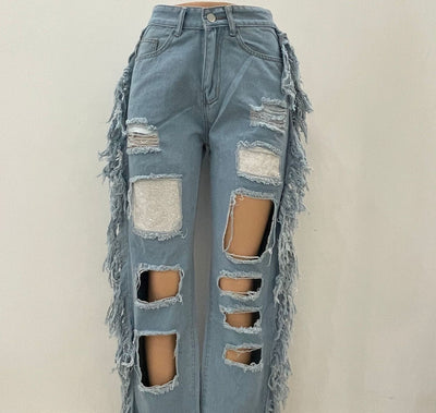 Rhinestone Baggy Wide Leg Denim Patchwork Fringe Jeans MALSOOA