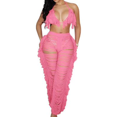 (New)Knitted Hollow out see-through Fringe Two Piece Set MALSOOA