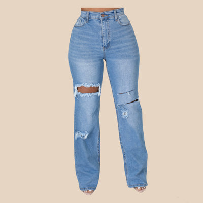 High Waist Washed Ripped Jeans MALSOOA