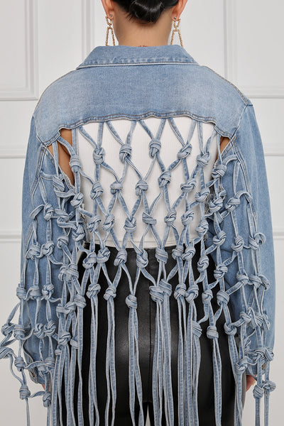 Hollowed Out Turndown Collar Long Sleeve Denim Jacket MALSOOA