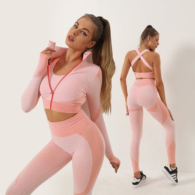 Zipper Striped Sports Pants Long Sleeve Bra Yoga 3 Piece Set MALSOOA