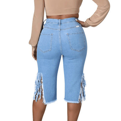 Casual Solid Tassel Ripped High Waist Jeans MALSOOA