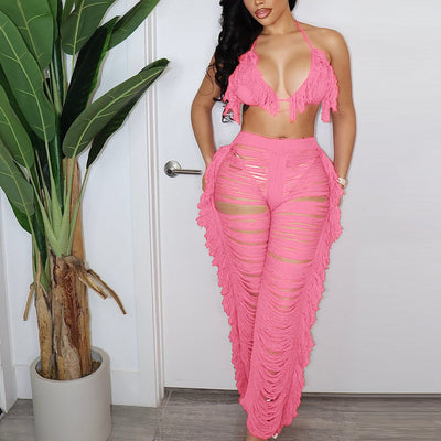 (New)Knitted Hollow out see-through Fringe Two Piece Set MALSOOA