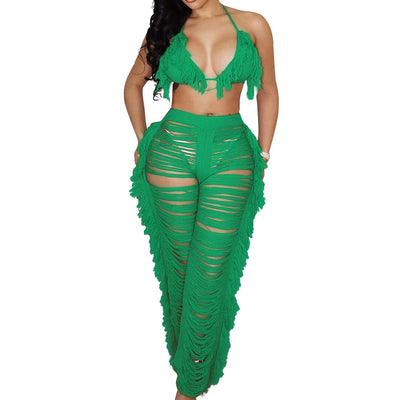 (New)Knitted Hollow out see-through Fringe Two Piece Set MALSOOA