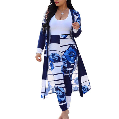 Print Long Sleeve Cardigan High Waisted Long Pants Set MALSOOA