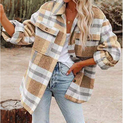 Plaid Lapel Flannel Lapel Button Blouse Shirt MALSOOA