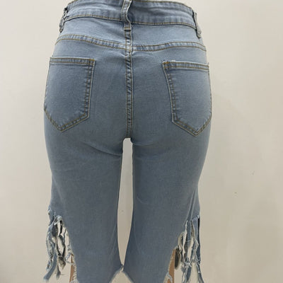 Casual Solid Tassel Ripped High Waist Jeans MALSOOA