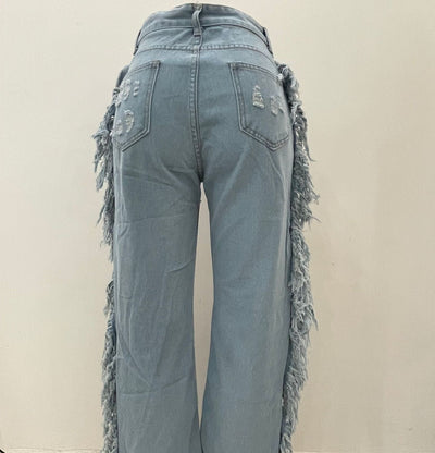 Rhinestone Baggy Wide Leg Denim Patchwork Fringe Jeans MALSOOA