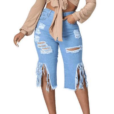 Casual Solid Tassel Ripped High Waist Jeans MALSOOA