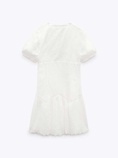 New women's French niche fluffy sleeves V-neck waist cut-out embroidery dress MALSOOA