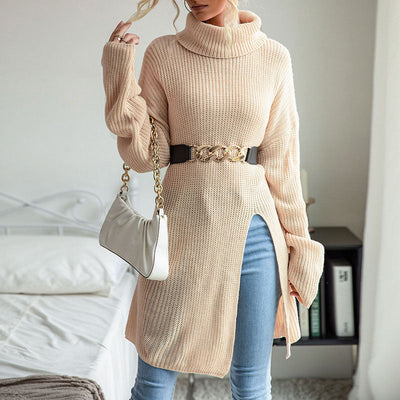 Women's Solid Color Slit Long Sleeve Turtleneck Sweater Dress MALSOOA