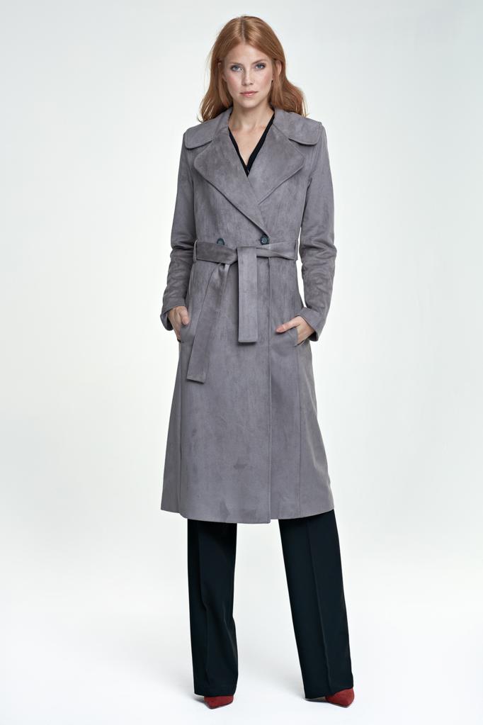 Trench coat gris, en suédine, pour femme