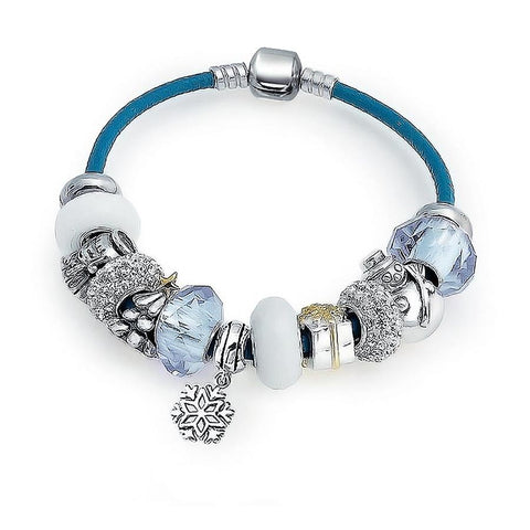  White Christmas Leather Enamel Crystal Bead Charm Bracelet