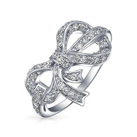 Holiday Vintage Style Pave CZ Ribbon Bow Ring 