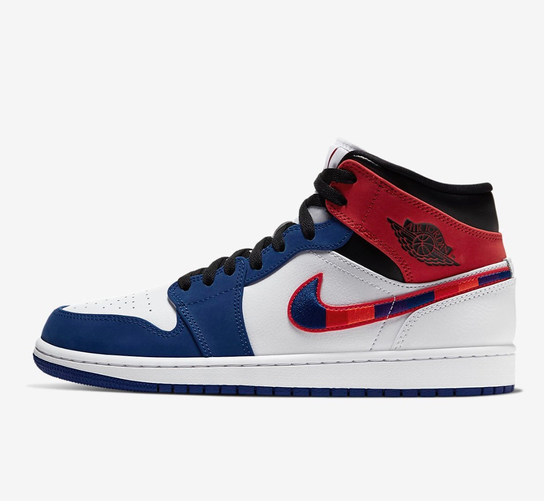 blue and white and red jordan 1