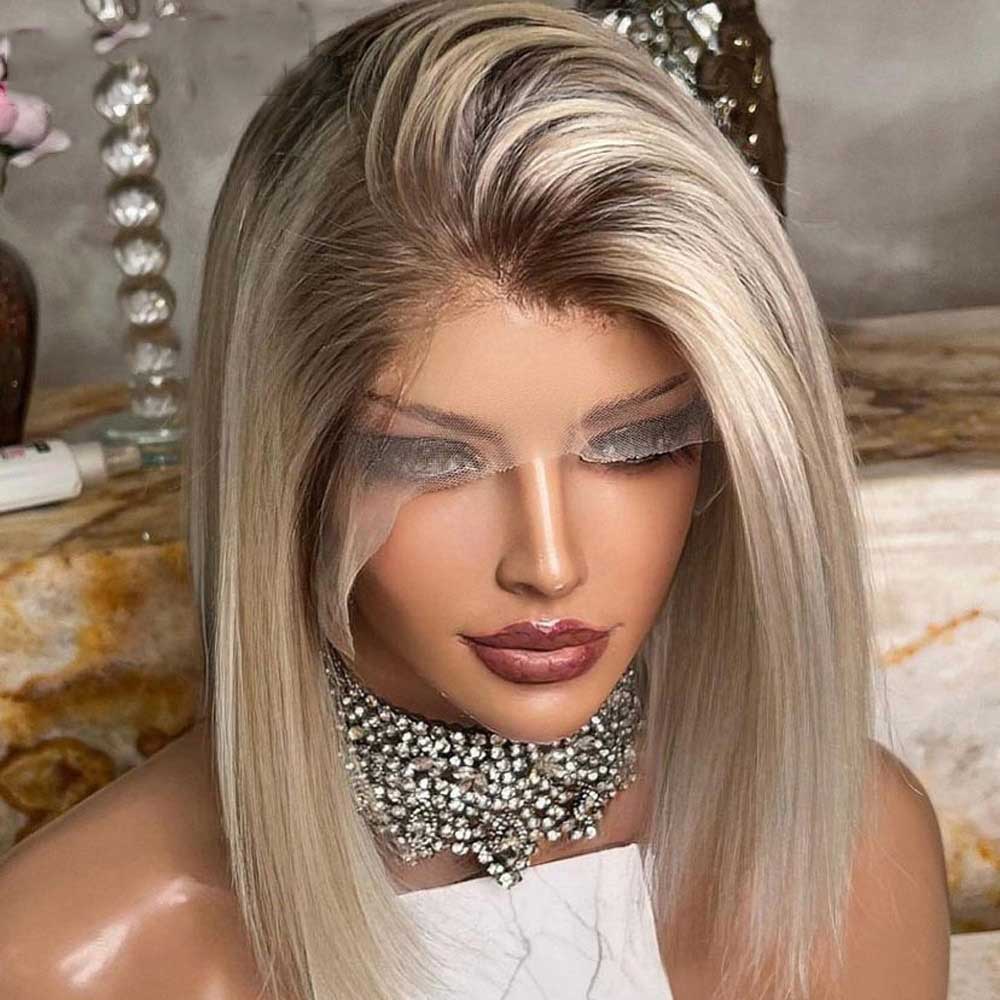Sulmy Ash Blonde Short Bob Wigs With Dark Roots 100 Human Hair 