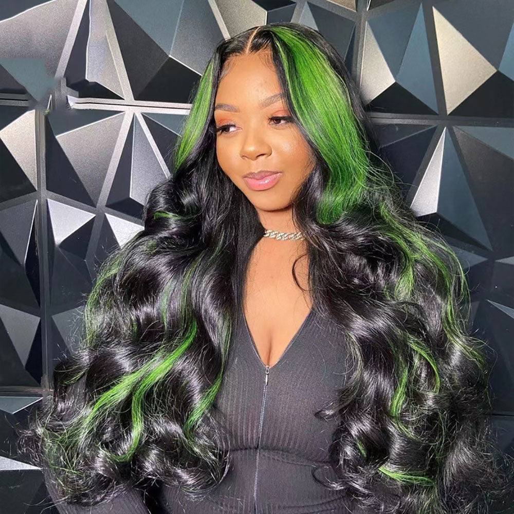 Black Wig With Green Highlights Money Piece 100% Real Human Hair Wavy –  SULMY