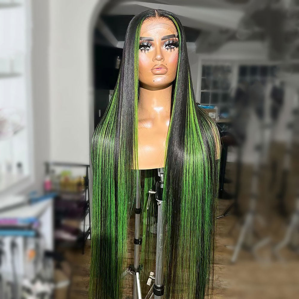 Green and Black Highlights Straight Wig 100% Real Human Hair Wig – SULMY