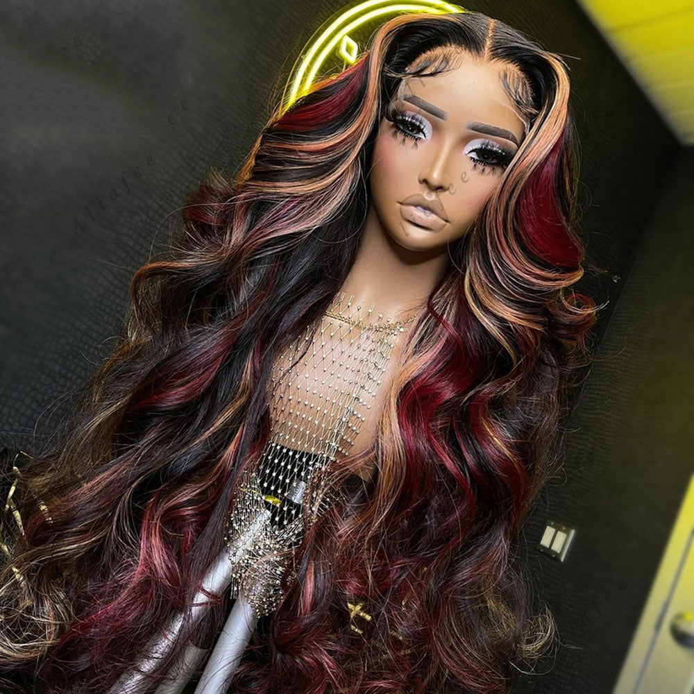 SULMY Burgundy With Blonde Highlights Wavy Wigs 100% Human Hair