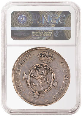 1666 Norwegian Coin in NGC SLAB. Reverse of the coin with graffiti.