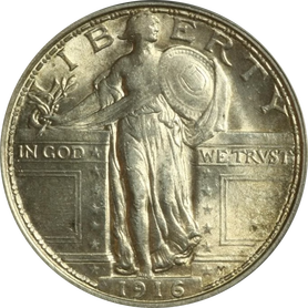 Standing Liberty Silver Quarter. The obverse features a standing lady liberty with a helmet, shield and olive branch. She looks off to the right. The coin reads Liberty, In God We Trust, and 1916.