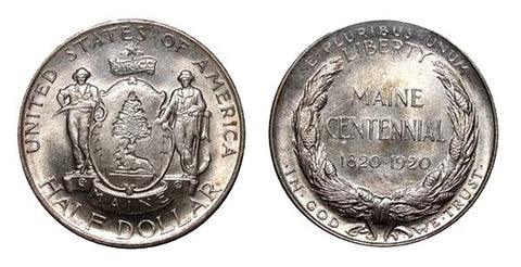 1920 Maine Obverse & Reverse. Obverse features a shield with a pine tree that sits below the surfaces of the coin. There is also a moose, and two men: one that carries a scythe depicting Agriculture, and the other that leans on an anchor which represents Commerce. Below this is a scroll with the state’s name. Above the shield is the state’s motto: “DIRIGO”, which means “I direct”, followed by a star at the top. Surrounding the coin is the “UNITED STATES OF AMERICA”, & “HALF DOLLAR” that is expected on all U.S. half dollar coins. Reverse features The reverse features a simple design of a wreath surrounding the following: “MAINE CENTENNIAL 1820-1920”. Surrounding the wreath is the standard phrases that are required on all American Coinage.