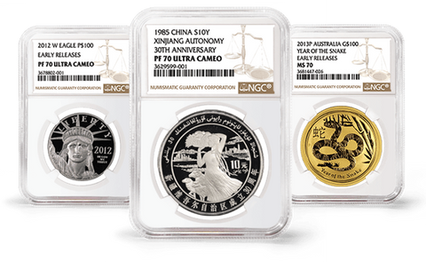 2012 Platinum Eagle, 1985 Chinese Autonomy Coin, 2013 Year of the Snake Australian Coin, all graded by NGC in slabs.