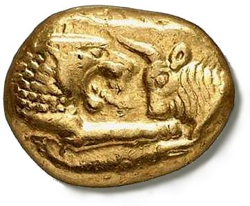 Ancient Lydian Gold Coin featuring a lion lunging at a mountain goat.
