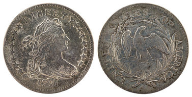 1797 Draped Bust Dime. The obverse features a profile bust of a woman with draped long hair. It reads Liberty and 1797. The reverse features an eagle and reads: United States of America.